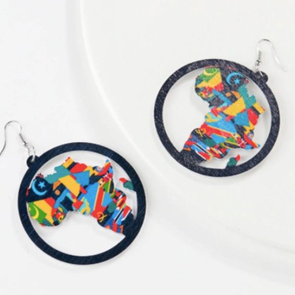 Multicolor Map of Africa- Wooden Earrings‎